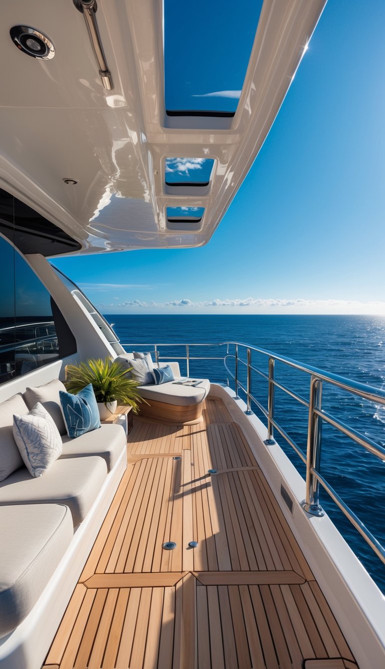 A spacious flybridge on a luxury boat overlooking the ocean with comfortable seating and clear panoramic views.
