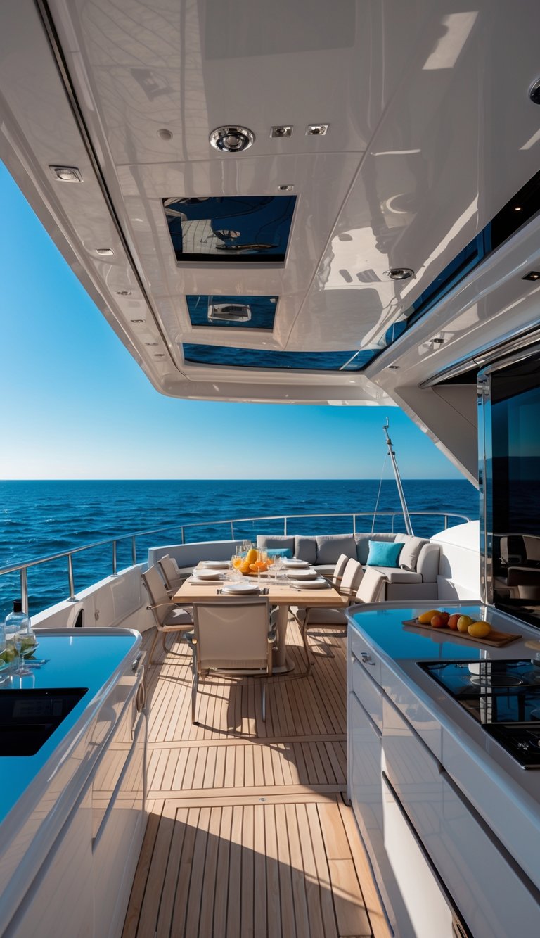 Luxury boat flybridge with an integrated galley serving both indoor and outdoor seating areas overlooking the ocean.