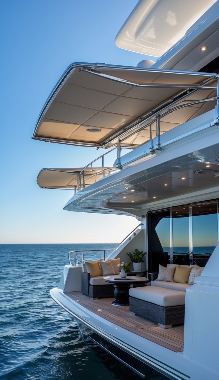 Luxury yacht flybridge with fold-down balconies extended over calm ocean water under a clear sky.