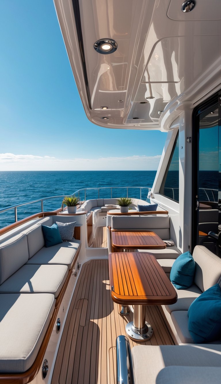 Luxury boat flybridge with multi-level outdoor seating areas overlooking the ocean.