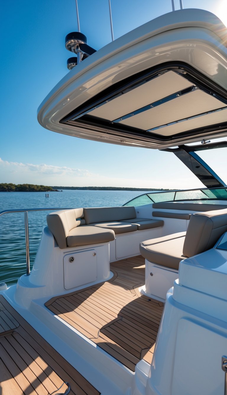 Luxury boat flybridge with an open sunroof over comfortable seating, calm water, and clear sky in the background.