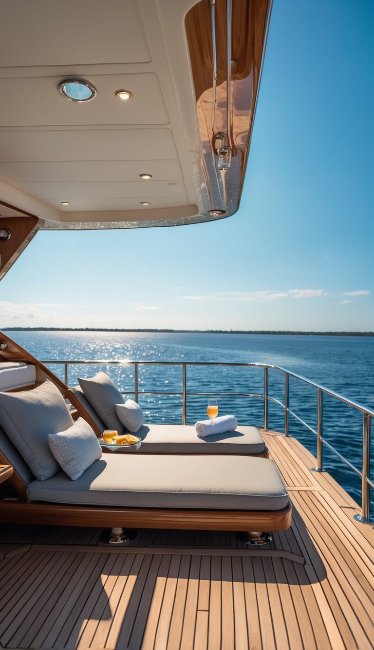A luxurious boat sundeck with comfortable loungers overlooking calm ocean waters under a clear sky.