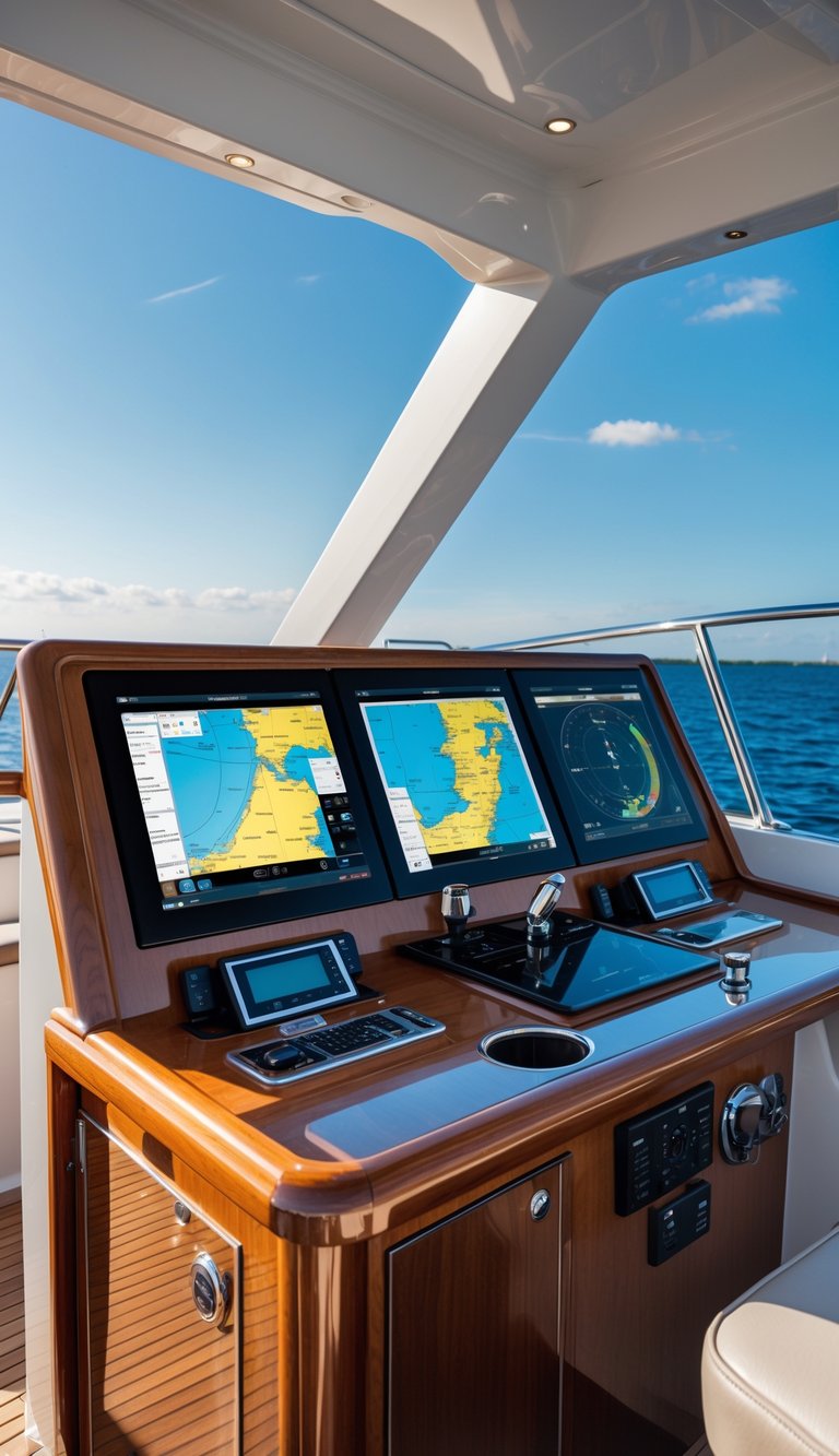 A built-in helm station on a luxury boat flybridge with digital navigation screens and ocean in the background.