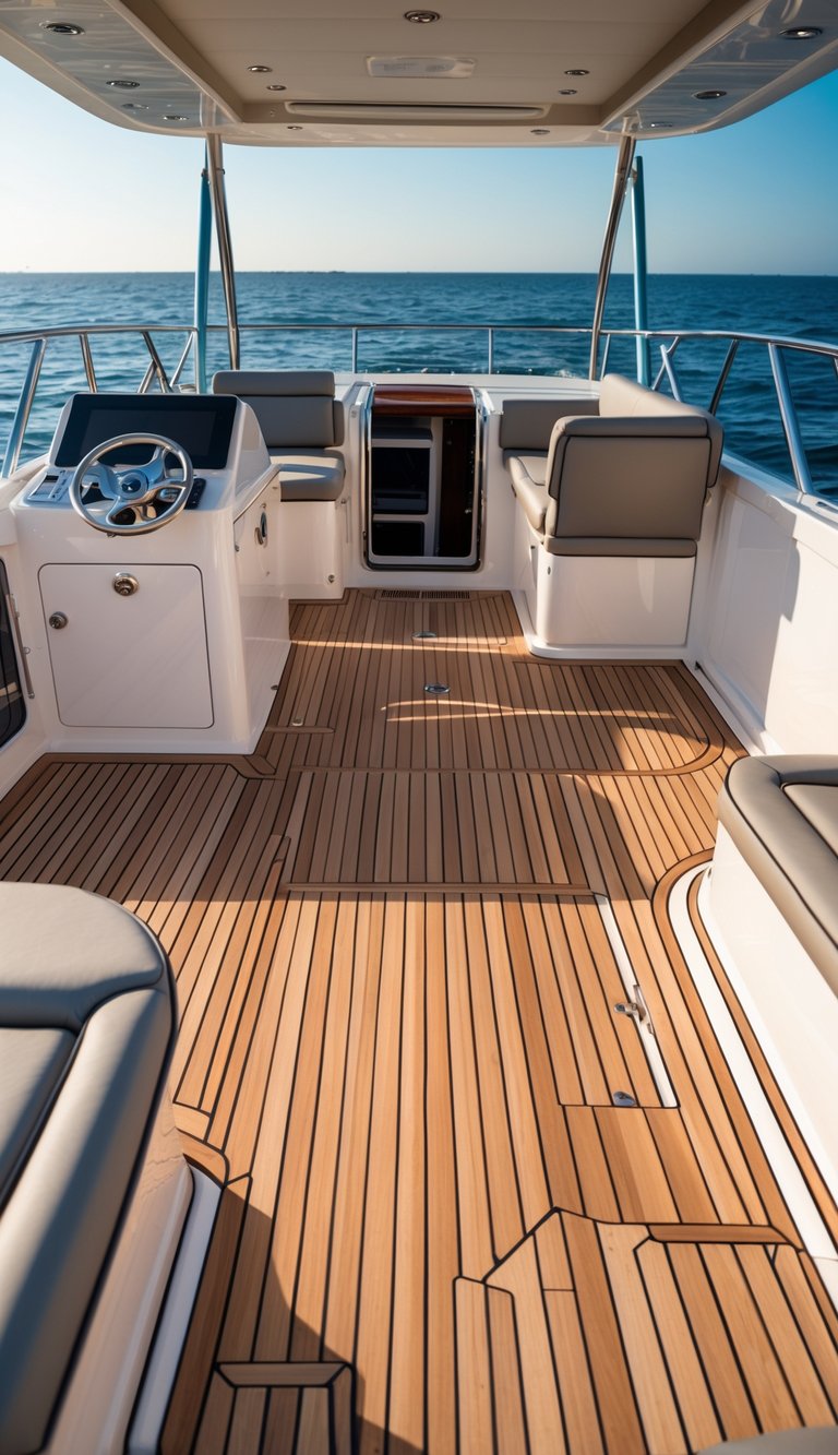 Luxury boat flybridge with high-quality teak wood decking, comfortable seating, and a calm sea in the background.