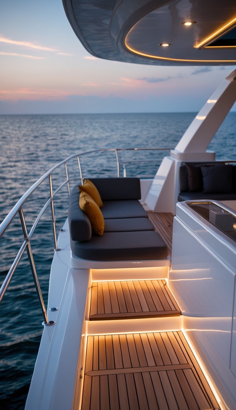 Luxury boat flybridge at evening with ambient LED lighting and calm sea in the background.
