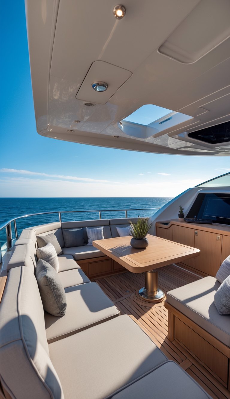 A luxury boat flybridge with modular outdoor seating arranged in a versatile layout overlooking the ocean under a clear sky.