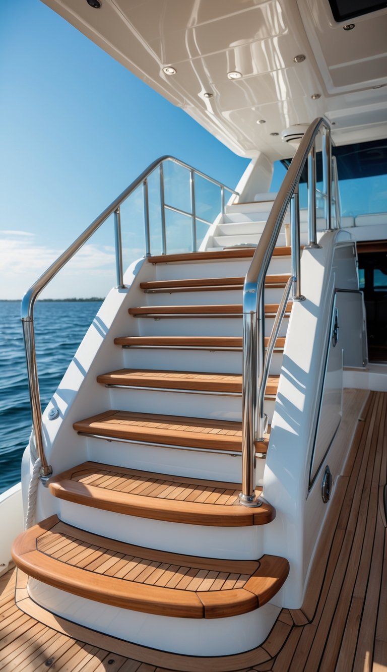 Wide stairs leading up to a flybridge deck on a luxury boat with a clear sky and calm sea in the background.