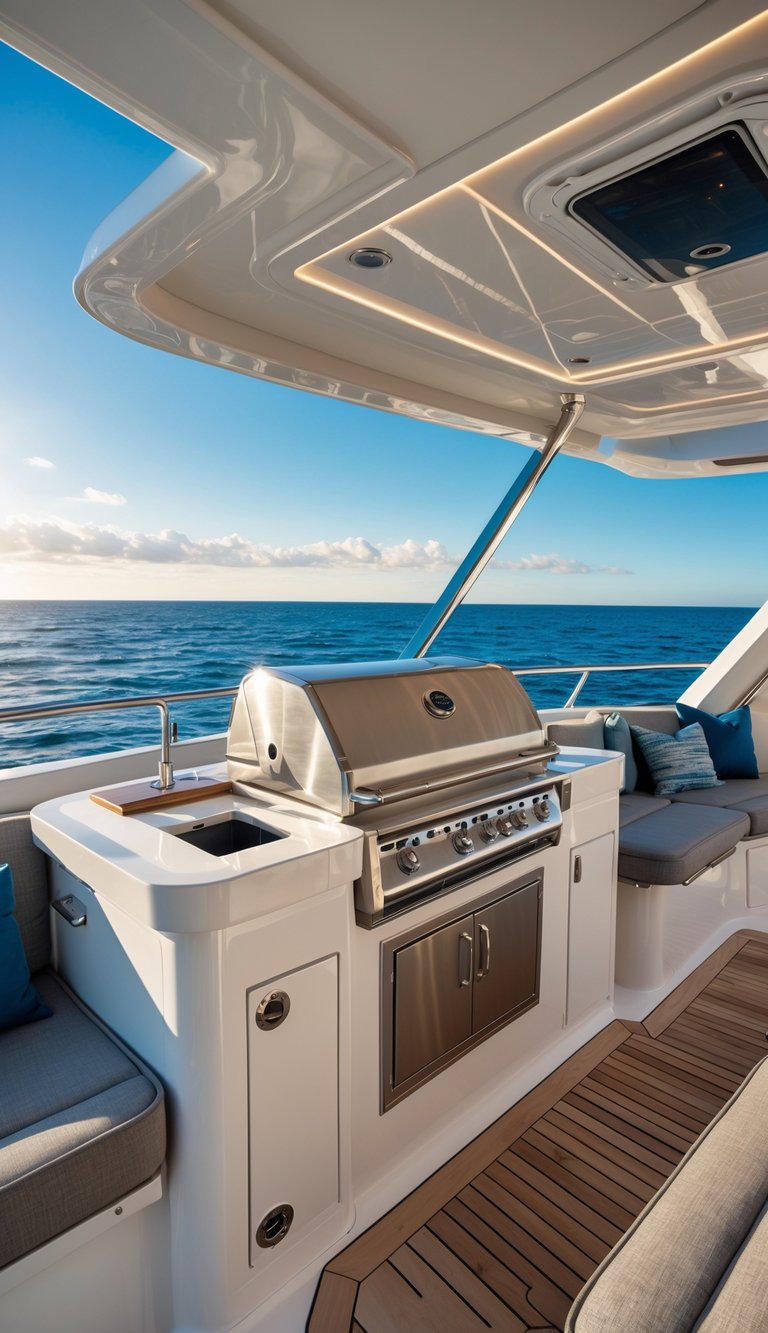 A barbecue grill station on the flybridge deck of a luxury boat overlooking the ocean.
