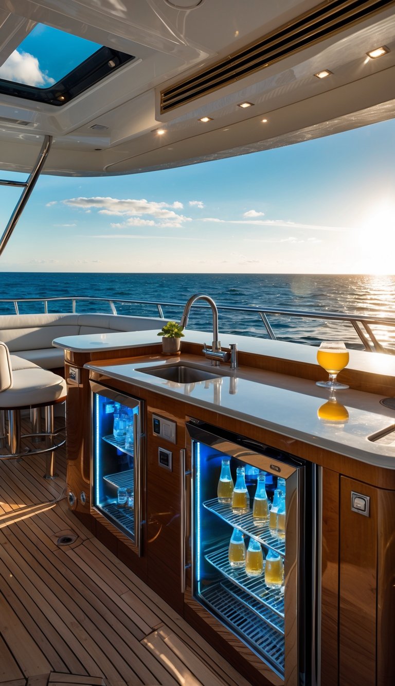 Wet bar area with refrigeration on a yacht flybridge overlooking the open sea.