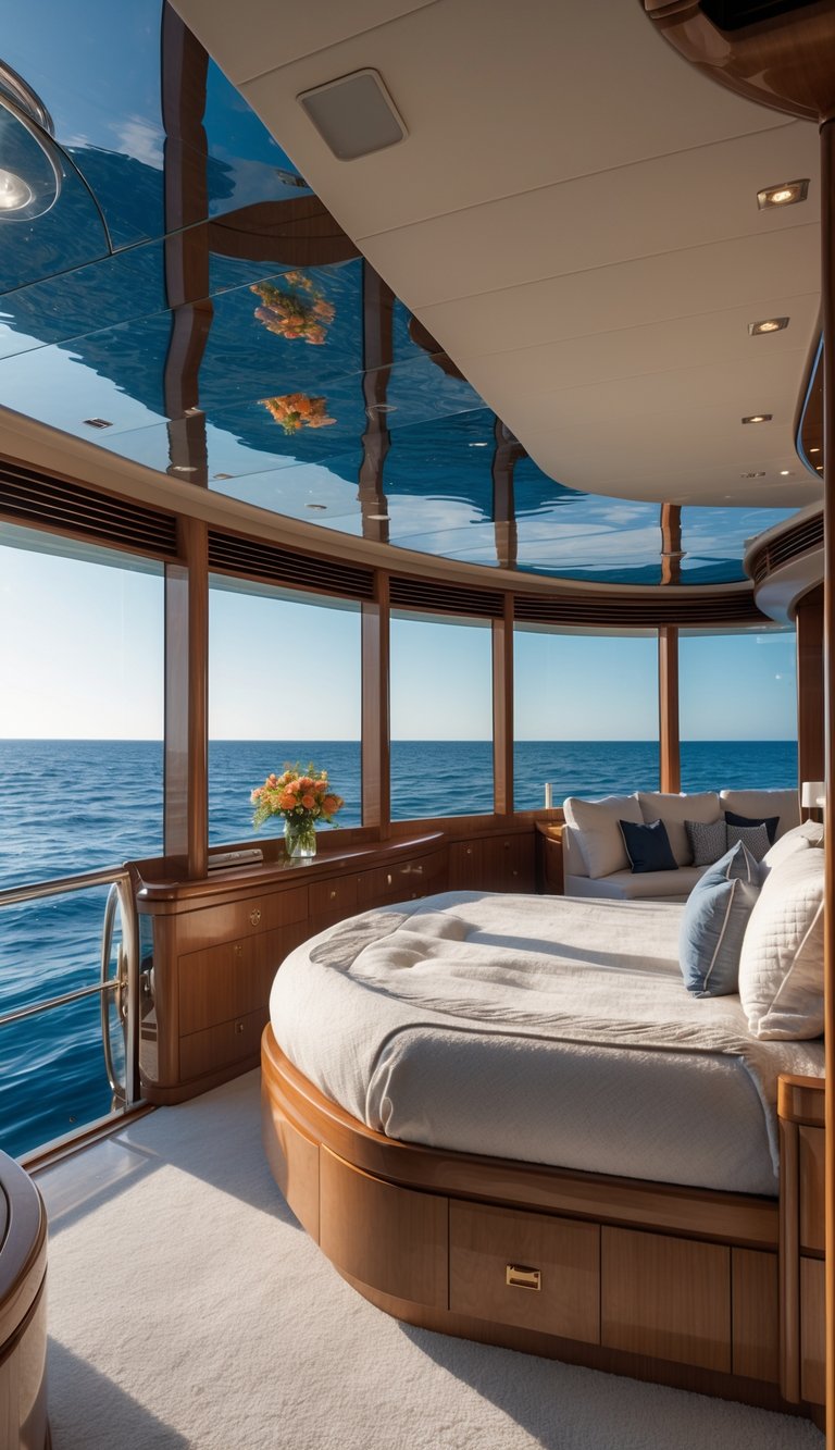 Owner's suite on a luxury boat with large panoramic windows overlooking calm blue ocean water.