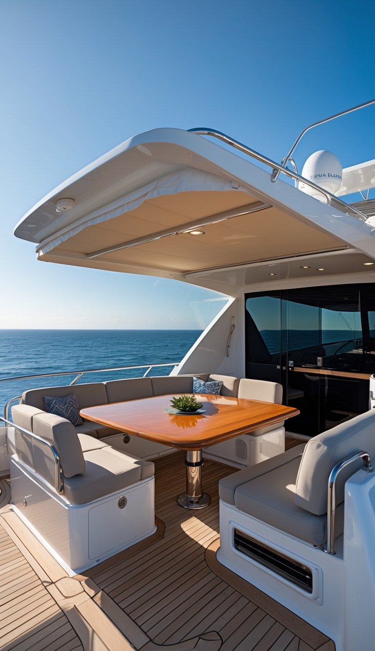 Outdoor dining area on the upper deck of a luxury yacht with seating and a wooden table overlooking the ocean.