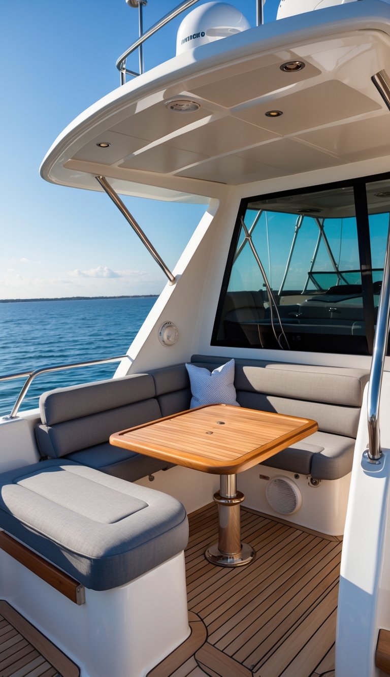 Outdoor seating area on a luxury boat flybridge with weather-resistant cushions overlooking calm ocean waters under a clear sky.