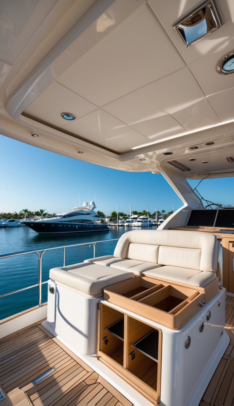 Luxury boat flybridge with hidden storage compartments integrated into seating and side panels, overlooking a calm marina.