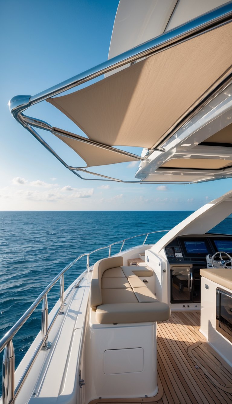 A luxury boat flybridge with sunshade awnings over a seating area on calm blue ocean waters under a clear sky.