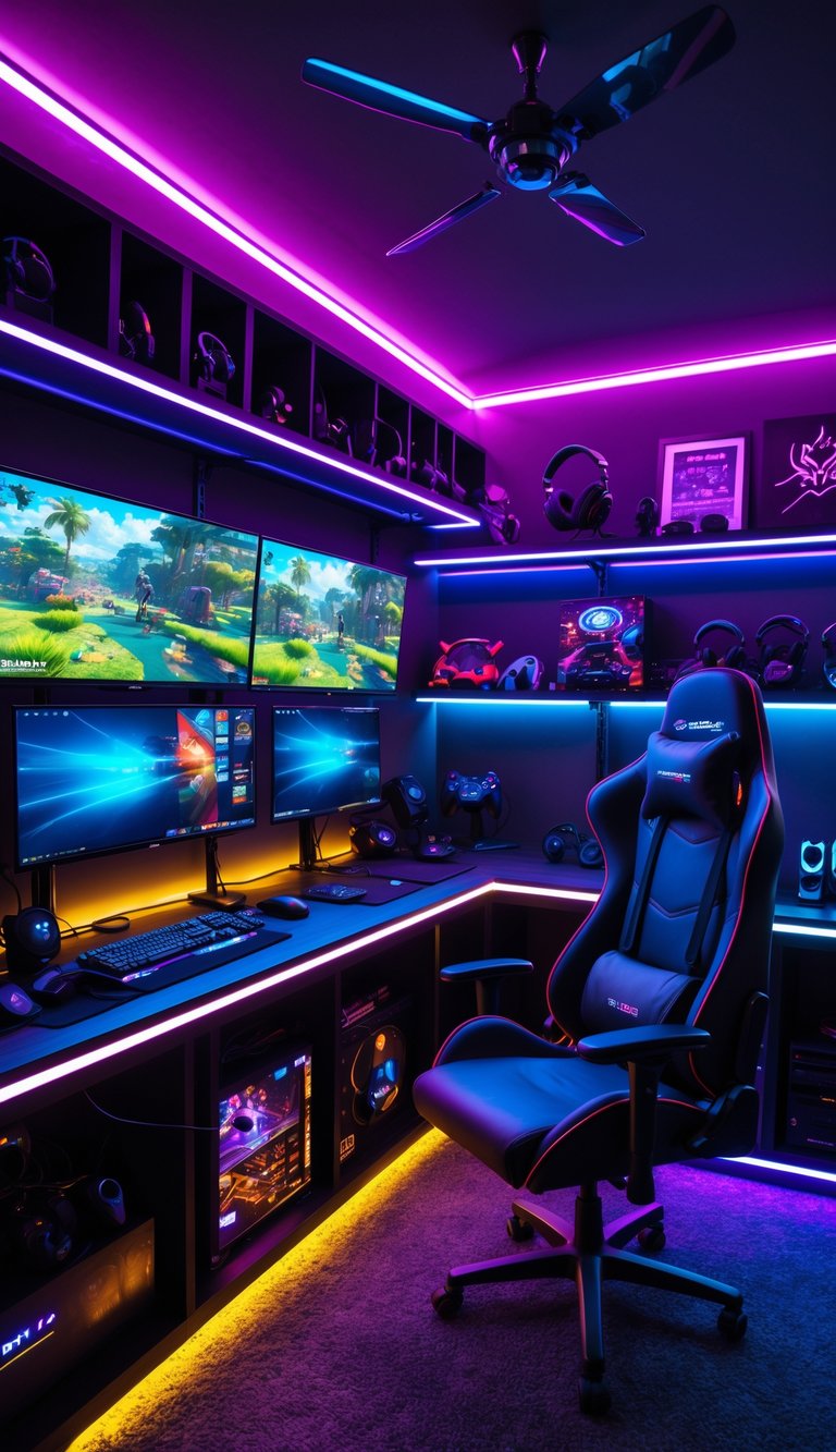 A gaming room with RGB LED strip lighting around the walls, multiple monitors, a gaming chair, and gaming equipment arranged neatly.