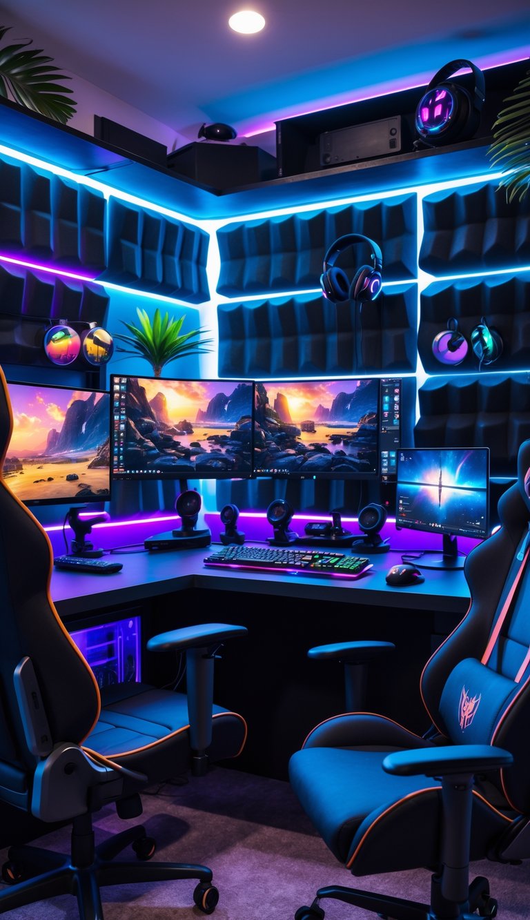 A gaming PC corner with a desktop computer, multiple monitors, gaming keyboard and mouse, ergonomic chair, LED lights, and gaming accessories in a cozy room.