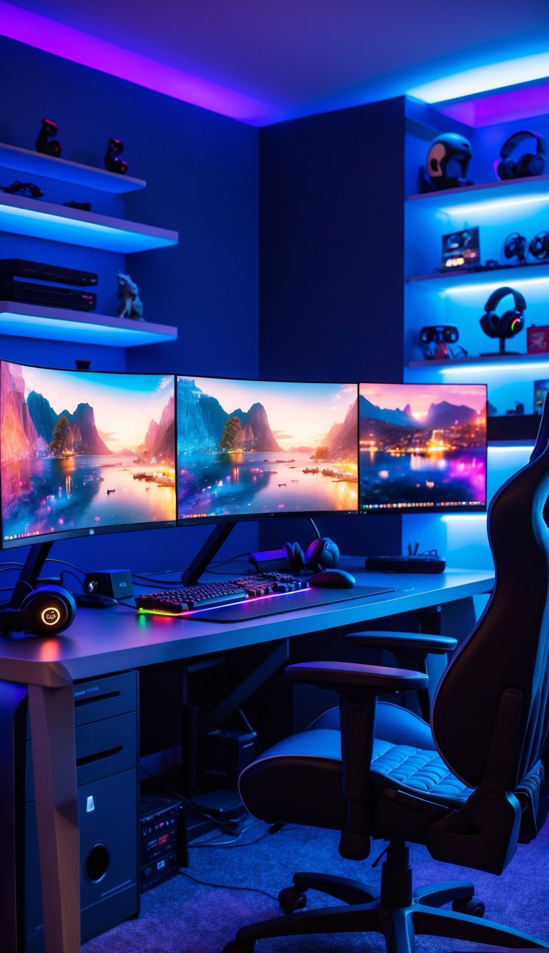 A man cave gaming room with a desk featuring three large curved monitors displaying colorful games, gaming accessories, and ambient LED lighting.