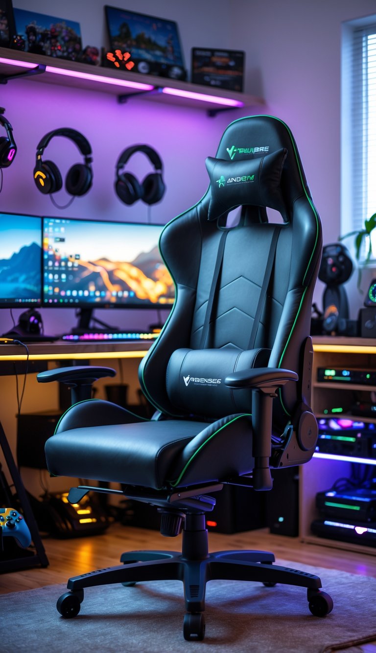 A reclining ergonomic gaming chair in a gaming room with multiple monitors, colorful LED lights, and gaming accessories.