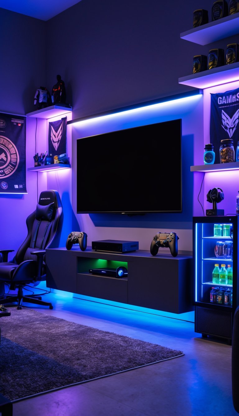 A modern man cave featuring a large mounted 75-inch 4K smart TV with gaming accessories, comfortable seating, and ambient lighting.