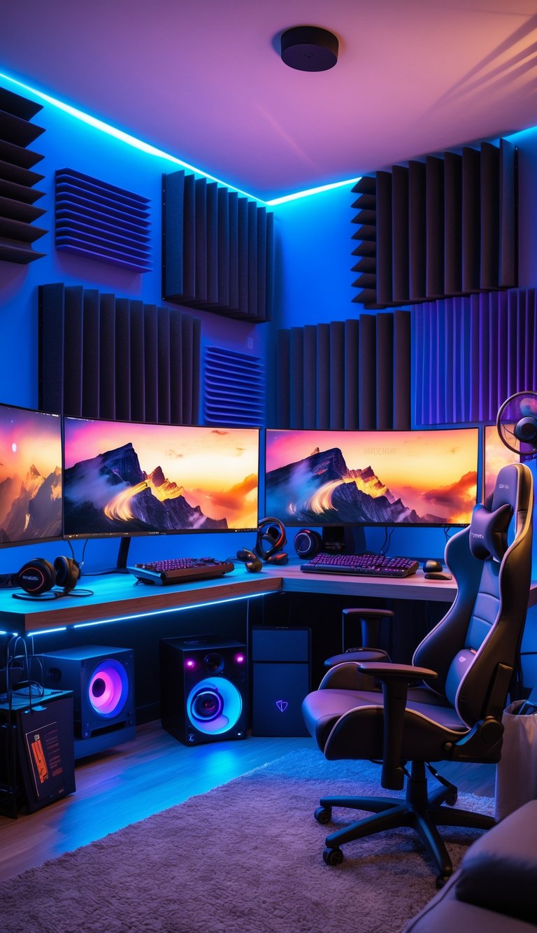 A modern gaming room with multiple monitors, soundproofing panels on the walls, a gaming chair, and gaming accessories arranged neatly.