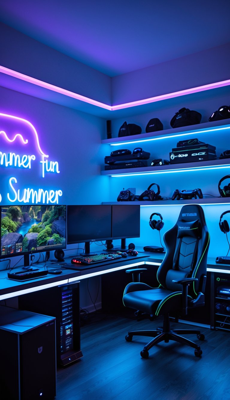 A modern gaming room with multiple monitors, a gaming chair, neon wall art, and gaming accessories arranged neatly.