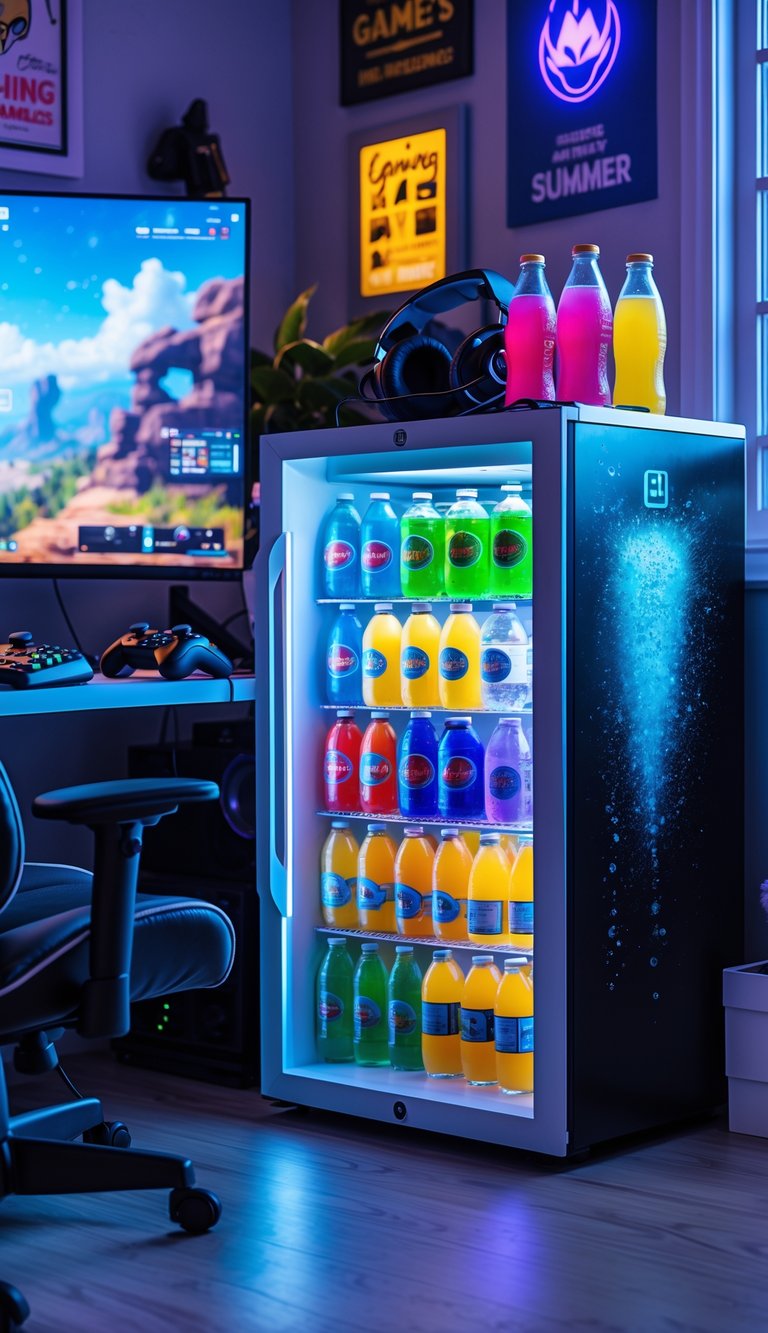 A man cave gaming setup with a curved monitor, gaming chair, and a mini fridge stocked with summer drinks.