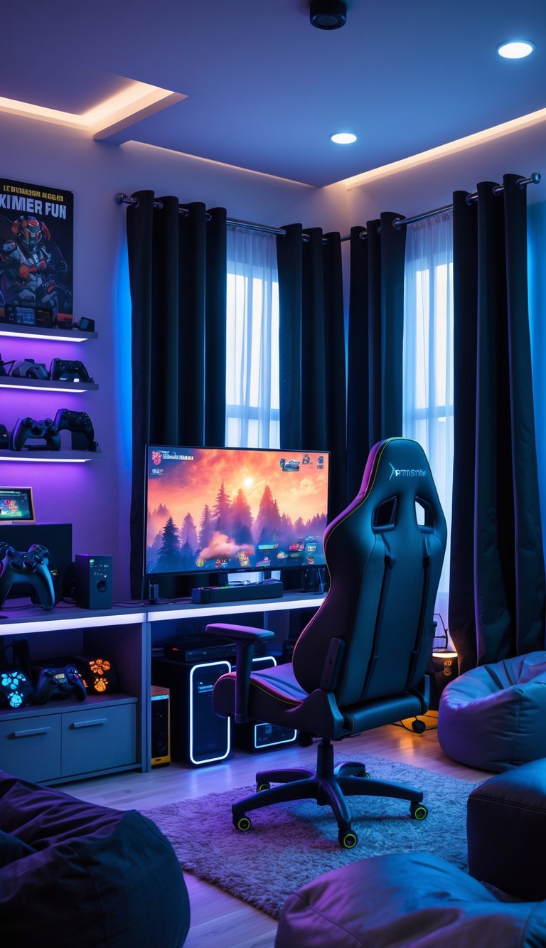 A man cave gaming room with blackout curtains, a large gaming monitor, gaming consoles, ambient lighting, and comfortable seating.