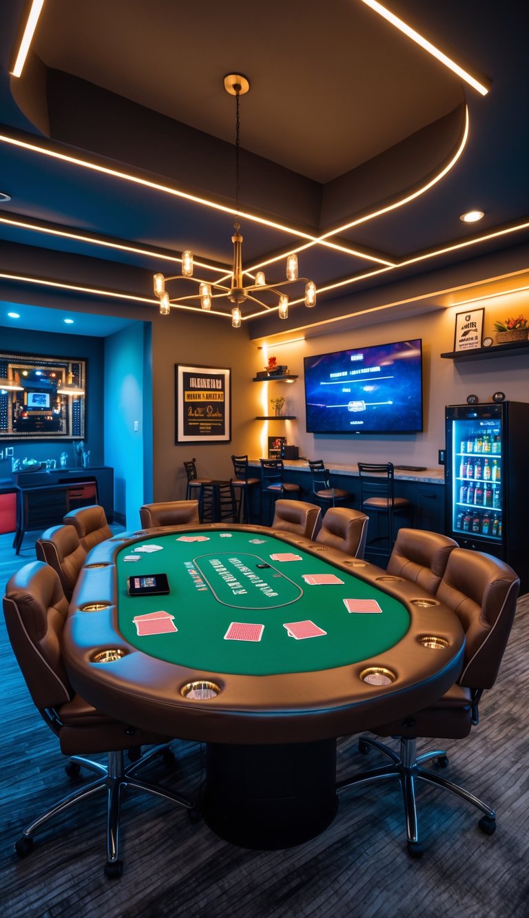 A custom poker table set up in a man cave gaming room with chairs, poker chips, playing cards, and ambient lighting.
