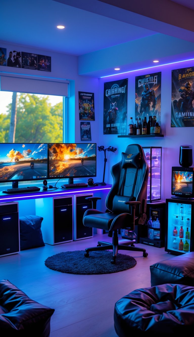 A man cave gaming room with multiple monitors, a gaming chair, wireless charging stations, ambient lighting, and gaming accessories.