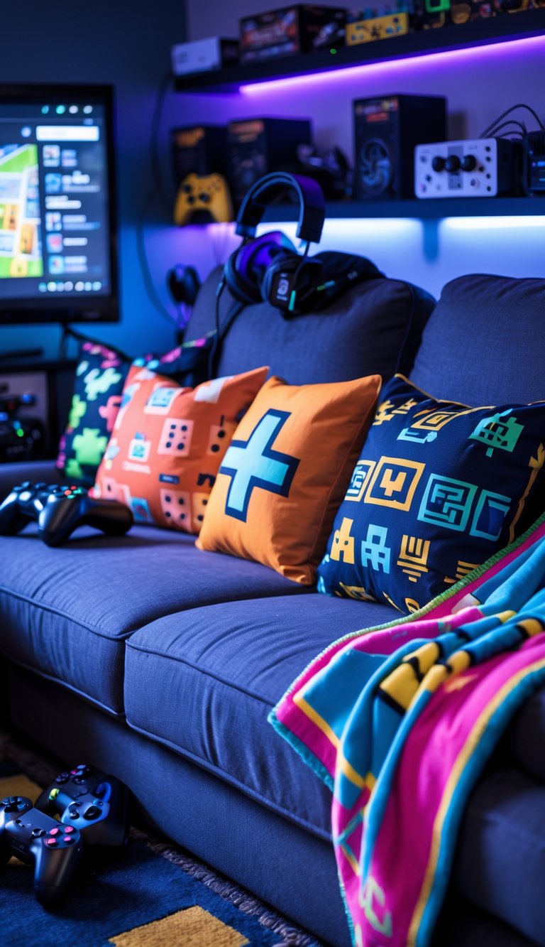 A cozy man cave gaming setup with a sofa covered in game-themed throw pillows and blankets, surrounded by gaming accessories and ambient lighting.