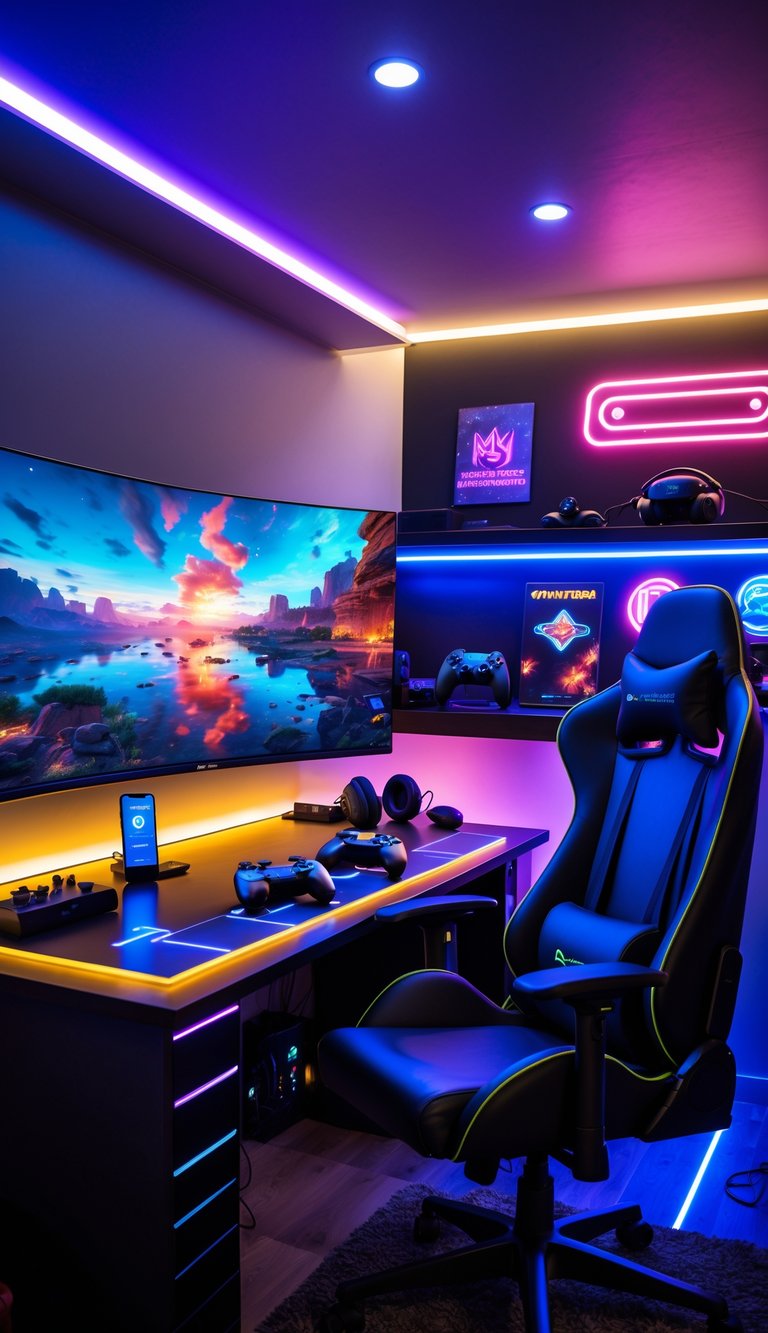 A modern gaming room with a large curved monitor, gaming chair, smart LED lights, and a voice assistant device on the desk.