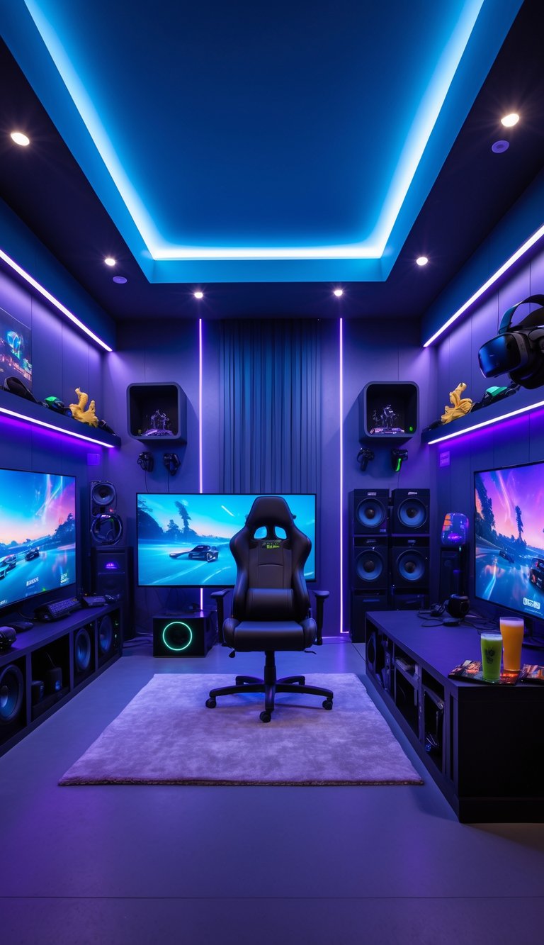 A modern man cave room set up with a VR gaming zone featuring a gaming chair, VR headset, controllers, multiple monitors, and ambient lighting.