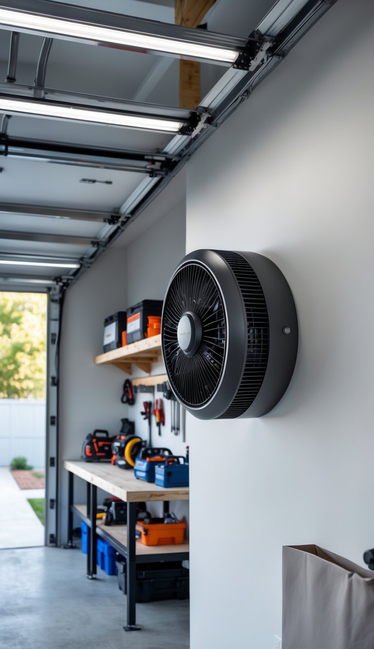 A garage workshop with a wall-mounted exhaust fan installed near the ceiling, showing tools and workbenches inside.