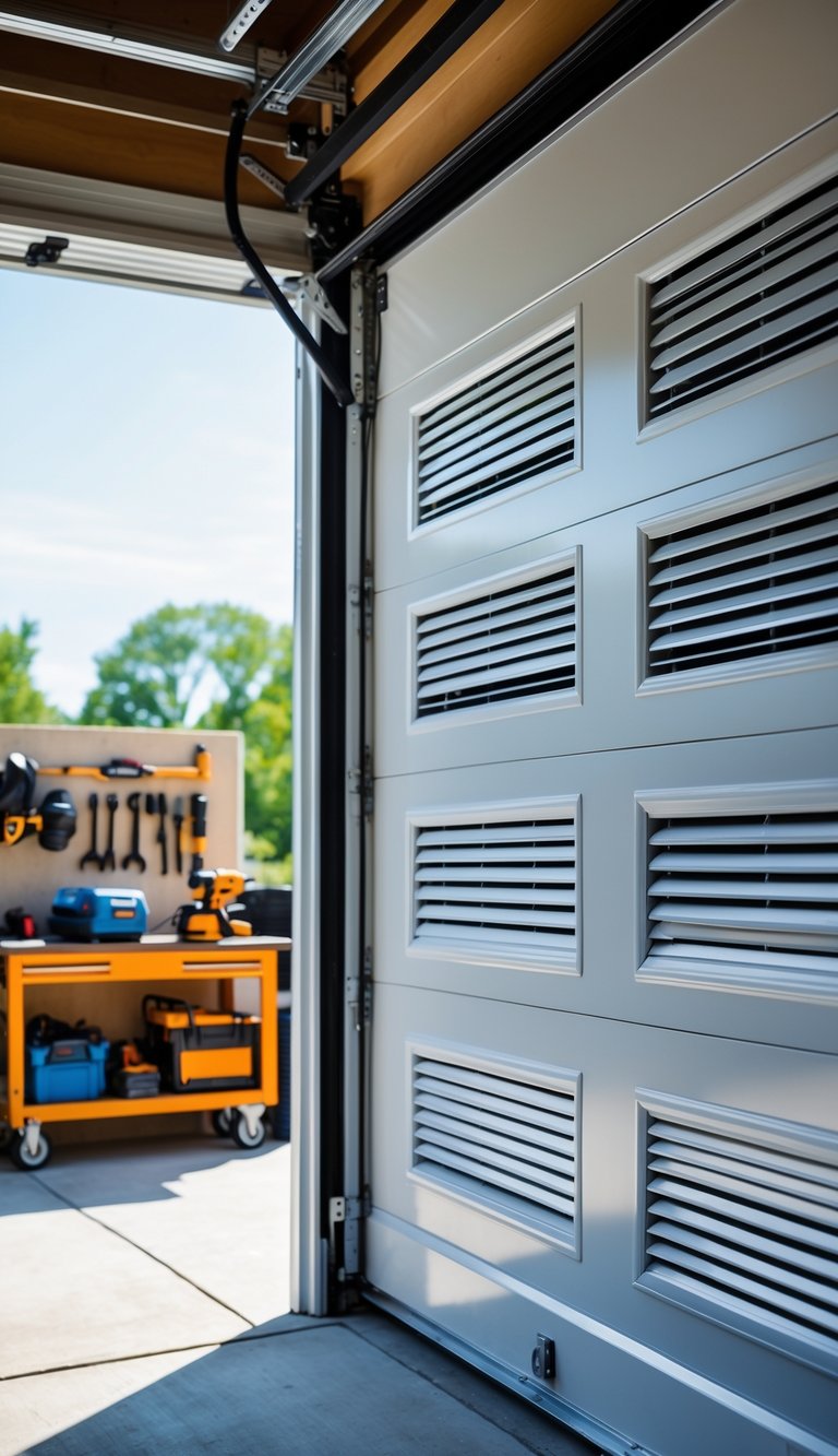 Close-up of a garage door with louvered vents installed, showing a workshop interior with tools and equipment in the background.