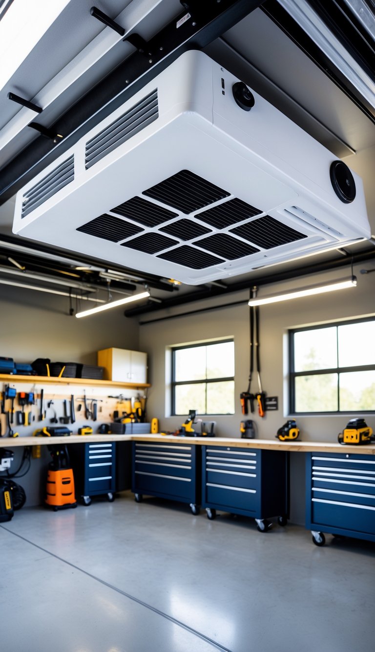 A clean and organized garage workshop with a ceiling-mounted ductless ventilation system and various tools and equipment.