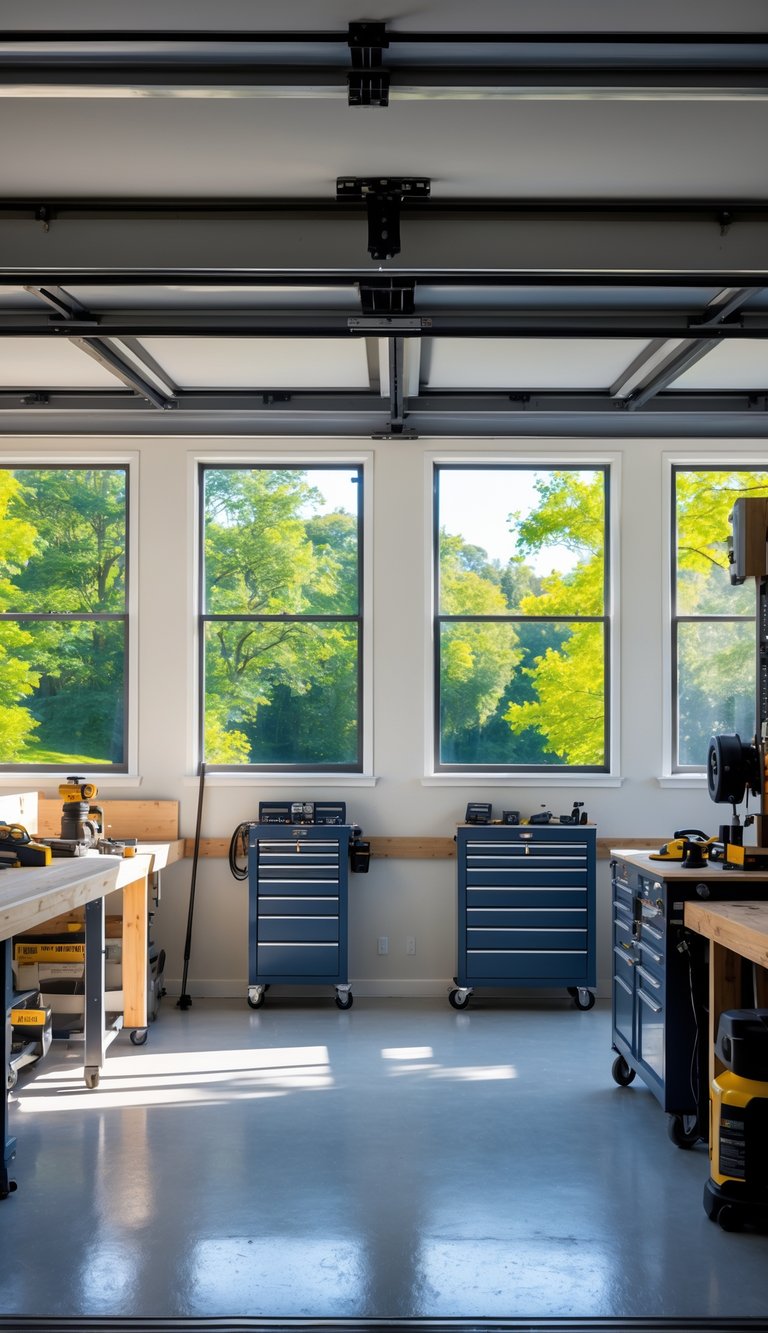 A garage workshop with open windows letting in fresh air and sunlight, showing tools and workbenches inside.