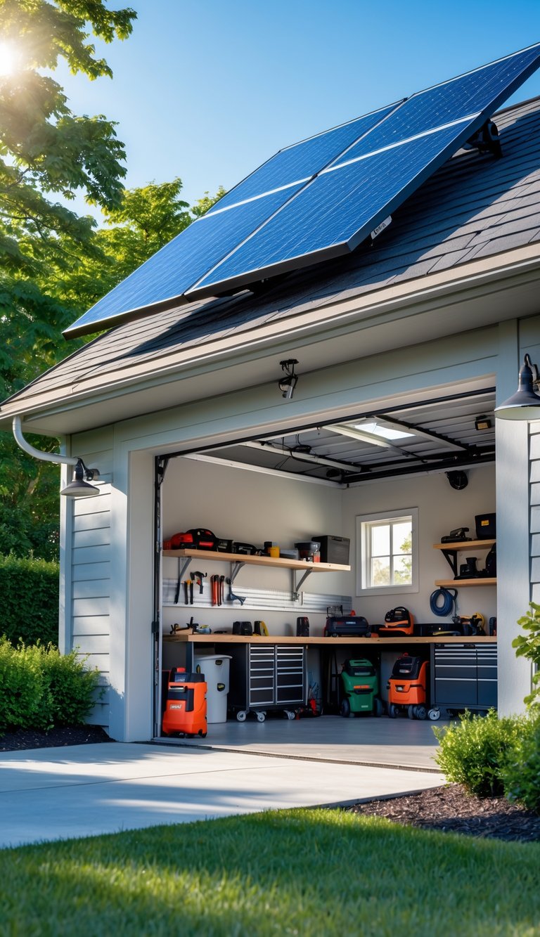 A garage workshop with an open door showing tools inside and a solar-powered attic fan with solar panels on the roof.