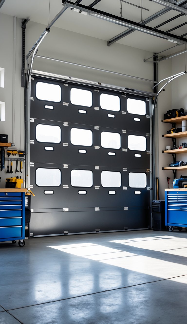 A spacious garage workshop with a door that has multiple vents for extra air intake and organized workbenches inside.