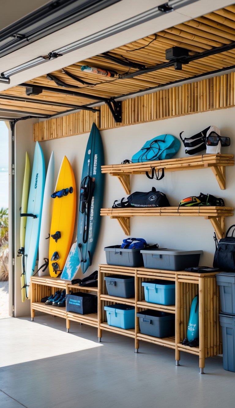 A bright beach house garage with bamboo shelves holding beach gear and coastal decor.