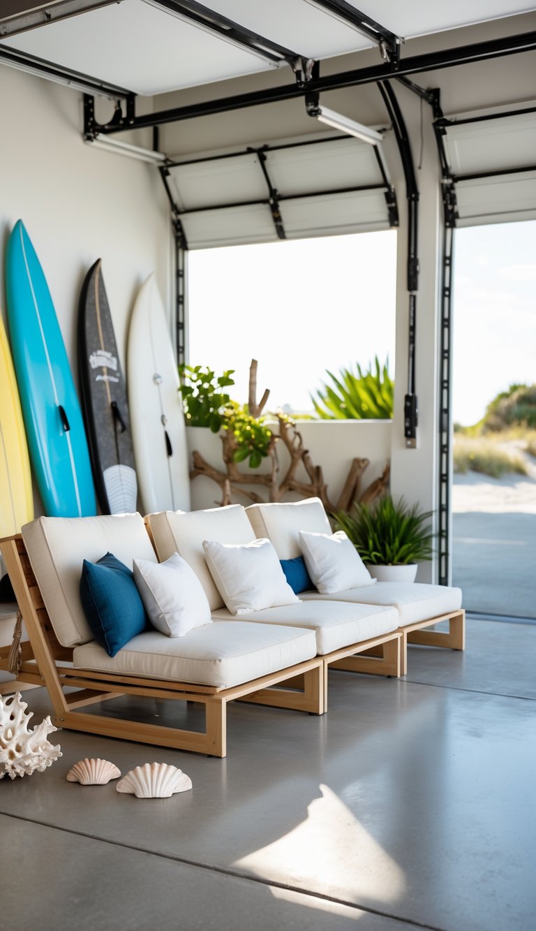 Foldable wooden chairs and benches arranged in a bright garage with coastal decor and surfboards in the background.