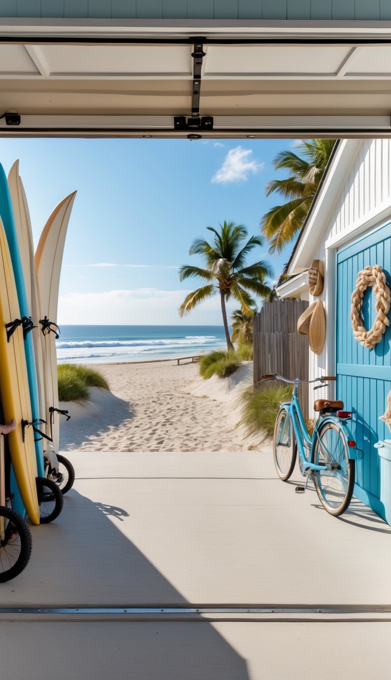 A beach house garage with surfboards, beach gear, and a bicycle, open to a sandy path leading to the ocean.