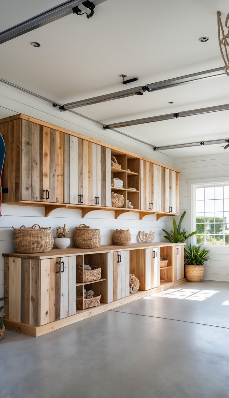 A bright garage with reclaimed wood storage cabinets, surfboards, and coastal decor, bathed in natural light.