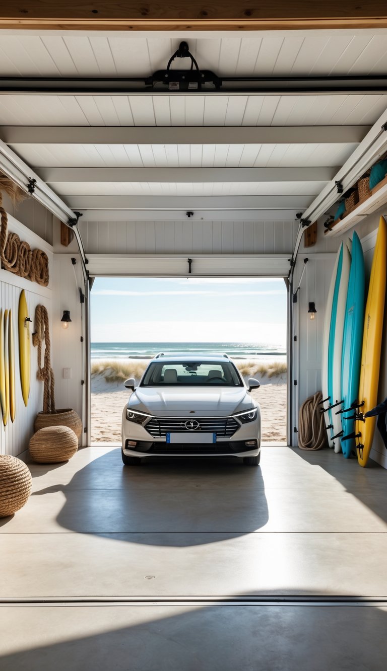 A bright and spacious garage with a parked car, surfboards on the wall, and a view of sand dunes and ocean through large windows.