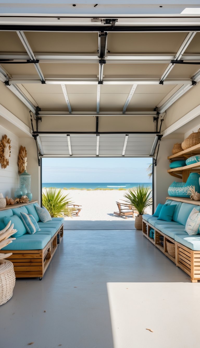A bright and spacious beach house garage with multi-functional furniture and coastal decor, overlooking the ocean.