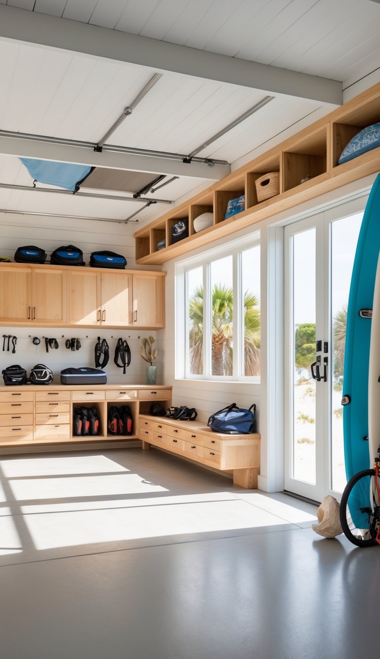 A bright beach house garage with hidden storage compartments, surfboards, bicycles, and beach gear neatly organized.