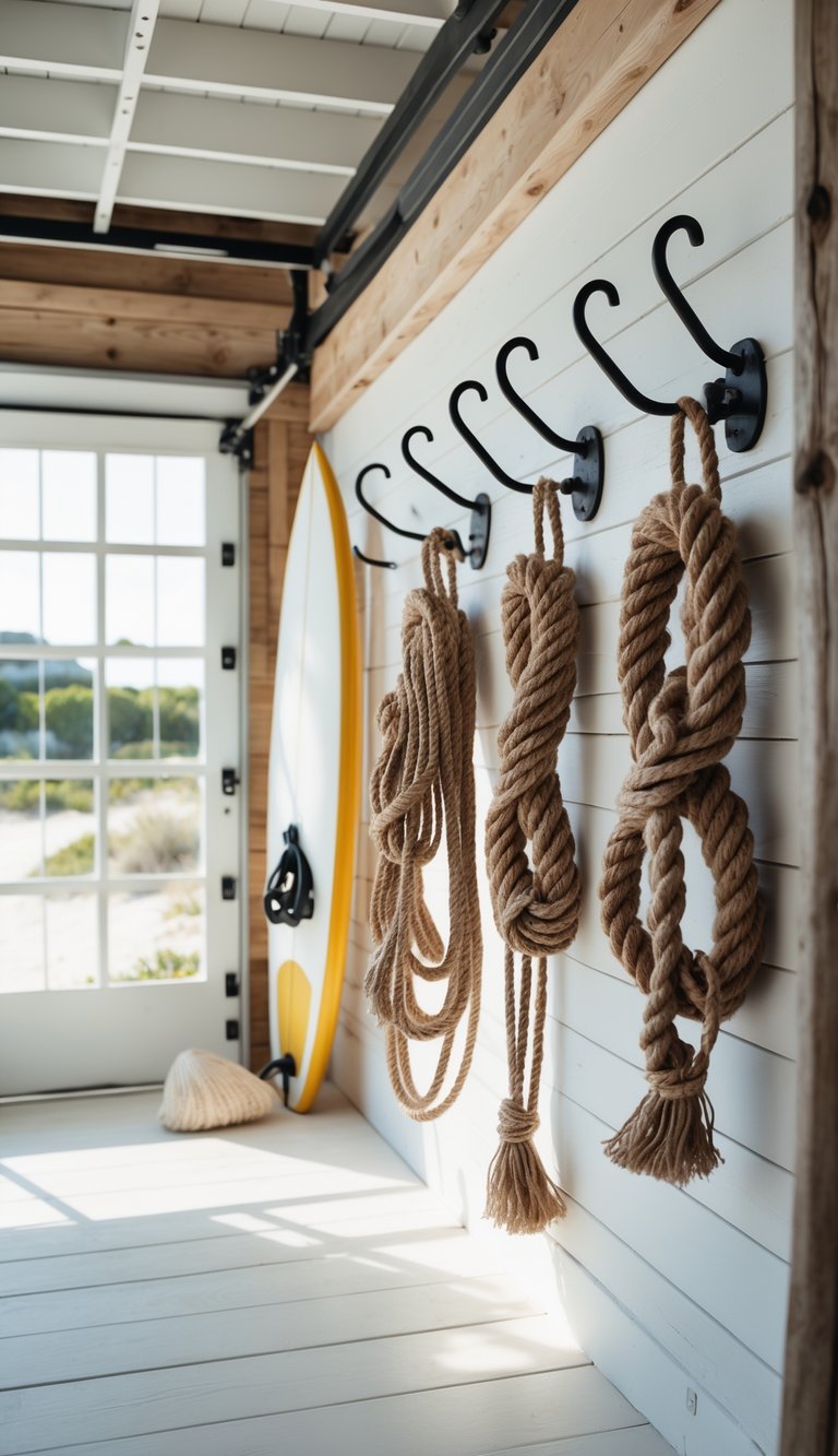 A bright beach house garage with nautical rope hooks holding coiled ropes on wooden walls, surrounded by coastal decor and natural light.