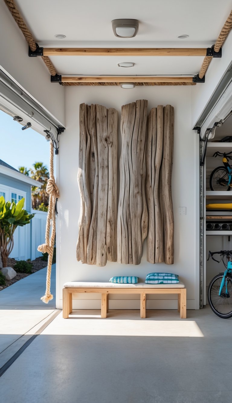 A bright beach house garage with weathered driftwood wall art and coastal decor including surfboards and bicycles.
