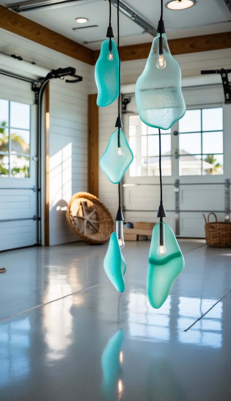 A bright garage interior with hanging beach glass light fixtures and coastal decor.