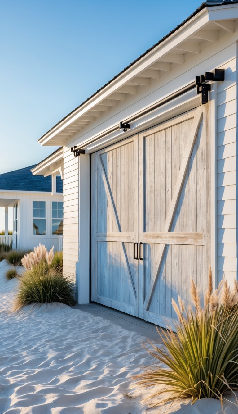 Beach house garage with sliding barn doors and coastal plants under a clear blue sky.