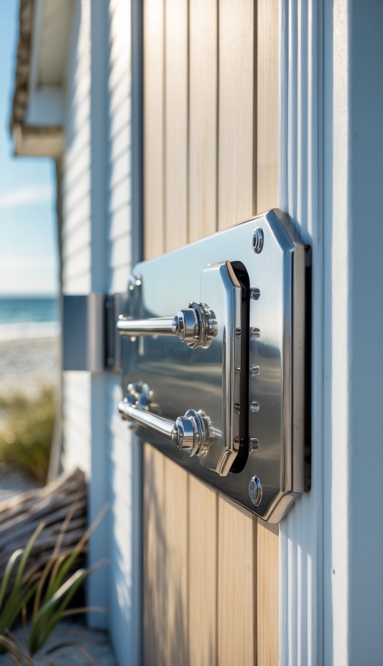 Close-up of stainless steel hardware on a beach house garage door with ocean and coastal plants in the background.